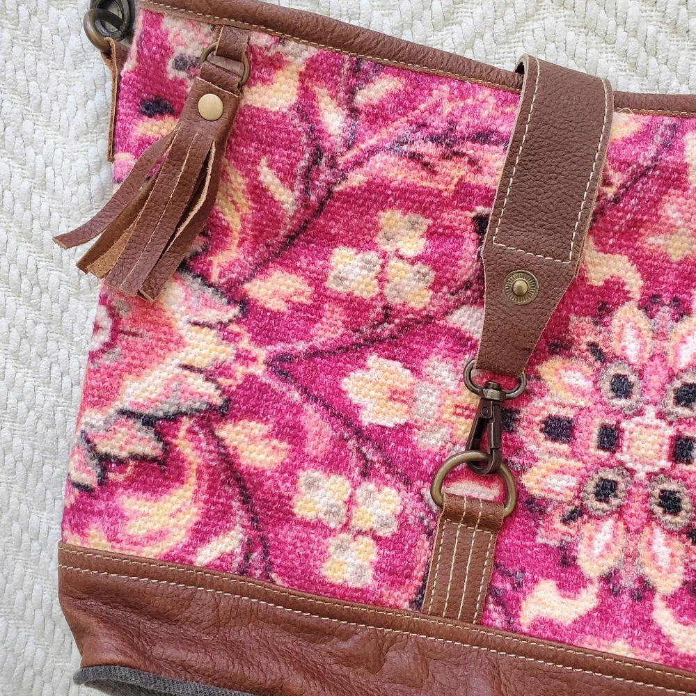 Myra Bag Fuchsia Tapestry Cotton & Leather Boho Satchel - Picture 1 of 14